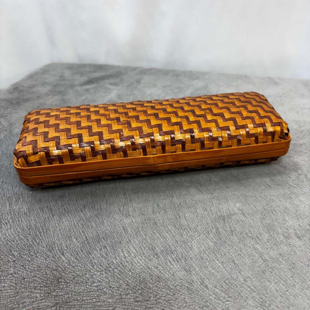 VTG Japanese Woven Two Tone Bamboo Case Long Box Hinged Mid Century Chevron
